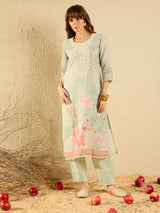 Women's Green Printed Straight Kurta Trouser with Dupatta Set