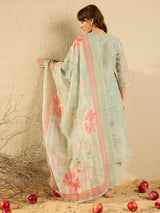 Women's Green Printed Straight Kurta Trouser with Dupatta Set