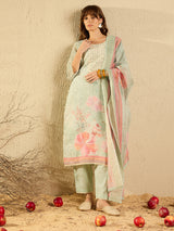 Women's Green Printed Straight Kurta Trouser with Dupatta Set