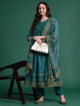Women's Green Embroidered A-Line Kurta Trouser with Dupatta Set