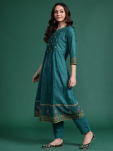 Women's Green Embroidered A-Line Kurta Trouser with Dupatta Set