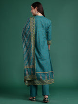 Women's Green Embroidered A-Line Kurta Trouser with Dupatta Set