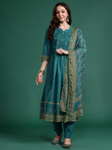 Women's Green Embroidered A-Line Kurta Trouser with Dupatta Set