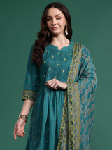 Women's Green Embroidered A-Line Kurta Trouser with Dupatta Set