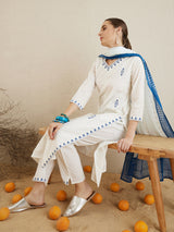 Women's White Embroidered Straight Kurta Trouser with Dupatta set
