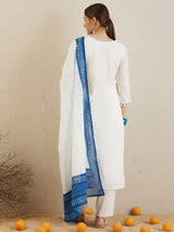 Women's White Embroidered Straight Kurta Trouser with Dupatta set