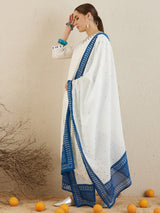 Women's White Embroidered Straight Kurta Trouser with Dupatta set