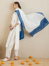 Women's White Embroidered Straight Kurta Trouser with Dupatta set