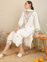 Women's White Embroidered Straight Kurta Trouser with Dupatta Set