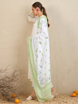 Women's White Embroidered Straight Kurta Trouser with Dupatta Set