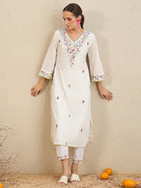 Women's White Embroidered Straight Kurta Trouser with Dupatta Set