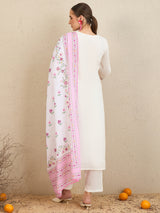 Women's White Embroidered Straight Kurta Trouser with Dupatta Set