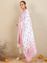 Women's White Embroidered Straight Kurta Trouser with Dupatta Set