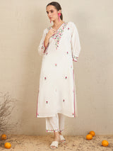 Women's White Embroidered Straight Kurta Trouser with Dupatta Set