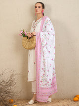 Women's White Embroidered Straight Kurta Trouser with Dupatta Set