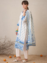 Women's White Printed Straight Kurta Trouser with Dupatta Set