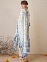 Women's White Printed Straight Kurta Trouser with Dupatta Set
