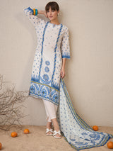 Women's White Printed Straight Kurta Trouser with Dupatta Set