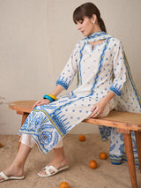Women's White Printed Straight Kurta Trouser with Dupatta Set