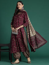 Women's Brown Printed Straight Kurta Salwar with Dupatta Set
