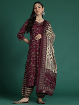 Women's Brown Printed Straight Kurta Salwar with Dupatta Set