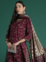 Women's Brown Printed Straight Kurta Salwar with Dupatta Set