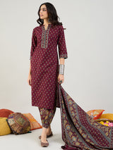 Women's Red Printed Straight Kurta Salwar with Dupatta set