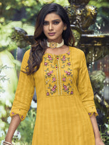 Women's Yellow Embroidered A-Line Kurta Trouser with Dupatta Set