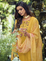 Women's Yellow Embroidered A-Line Kurta Trouser with Dupatta Set