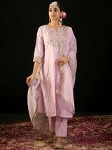 Women's Lavender Embroidered Straight Kurta Trouser with Dupatta set