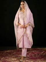 Women's Lavender Embroidered Straight Kurta Trouser with Dupatta set