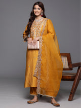 Women's Yellow Embroidered Straight Kurta Trouser with Dupatta Set