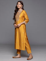 Women's Yellow Embroidered Straight Kurta Trouser with Dupatta Set