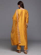 Women's Yellow Embroidered Straight Kurta Trouser with Dupatta Set