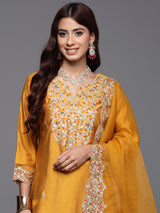 Women's Yellow Embroidered Straight Kurta Trouser with Dupatta Set