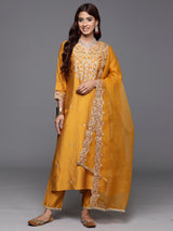 Women's Yellow Embroidered Straight Kurta Trouser with Dupatta Set