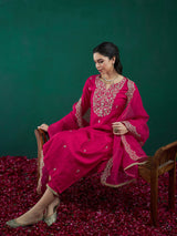 Women's Pink Embroidered Straight Kurta Trouser with Dupatta set