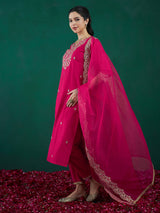 Women's Pink Embroidered Straight Kurta Trouser with Dupatta set