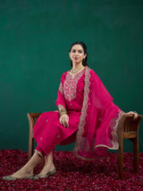 Women's Pink Embroidered Straight Kurta Trouser with Dupatta set