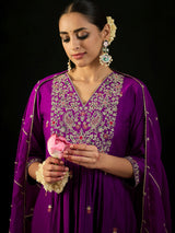 Women's Purple Embroidered A-Line Kurta Trouser with Dupatta set
