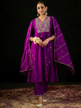 Women's Purple Embroidered A-Line Kurta Trouser with Dupatta set