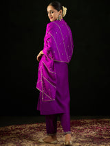 Women's Purple Embroidered A-Line Kurta Trouser with Dupatta set