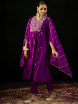 Women's Purple Embroidered A-Line Kurta Trouser with Dupatta set