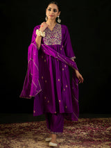 Women's Purple Embroidered A-Line Kurta Trouser with Dupatta set