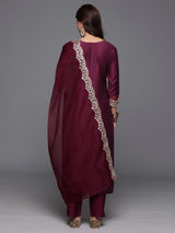 Women's Purple Embroidered Straight Kurta Trouser with Dupatta Set