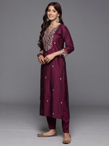Women's Purple Embroidered Straight Kurta Trouser with Dupatta Set