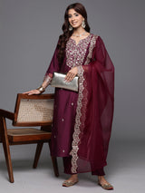 Women's Purple Embroidered Straight Kurta Trouser with Dupatta Set