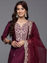 Women's Purple Embroidered Straight Kurta Trouser with Dupatta Set