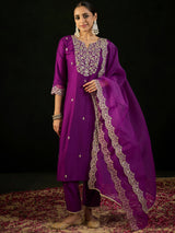 Women's Purple Embroidered Straight Kurta Trouser with Dupatta set
