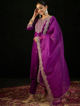 Women's Purple Embroidered Straight Kurta Trouser with Dupatta set